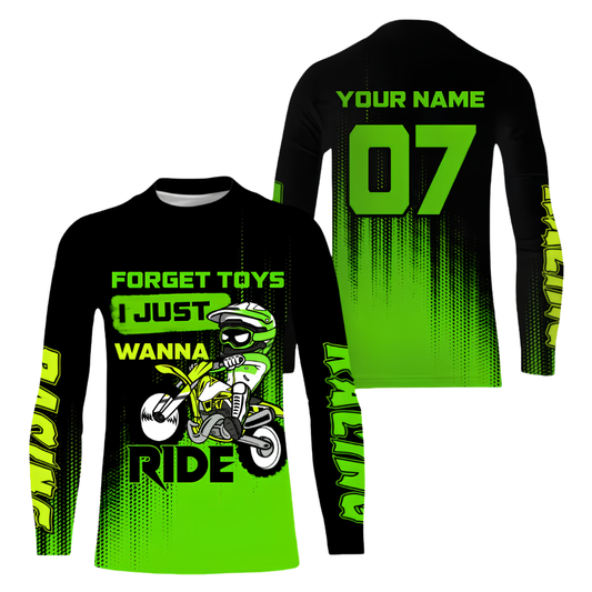 Forget Toys I Just Wanna Ride Custom Men's Green Black Dirt Bike Long Sleeve Racing Jersey, Custom Funny Dirt Bike Shirts MZ0152