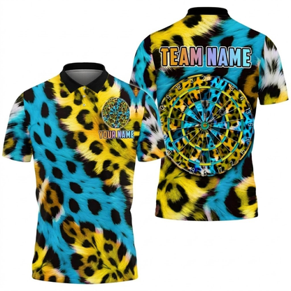Custom Leopard Neon Cyan Pink Dart Polo Shirt Men, Custom Leopard Darts Team Shirt DZ0134
