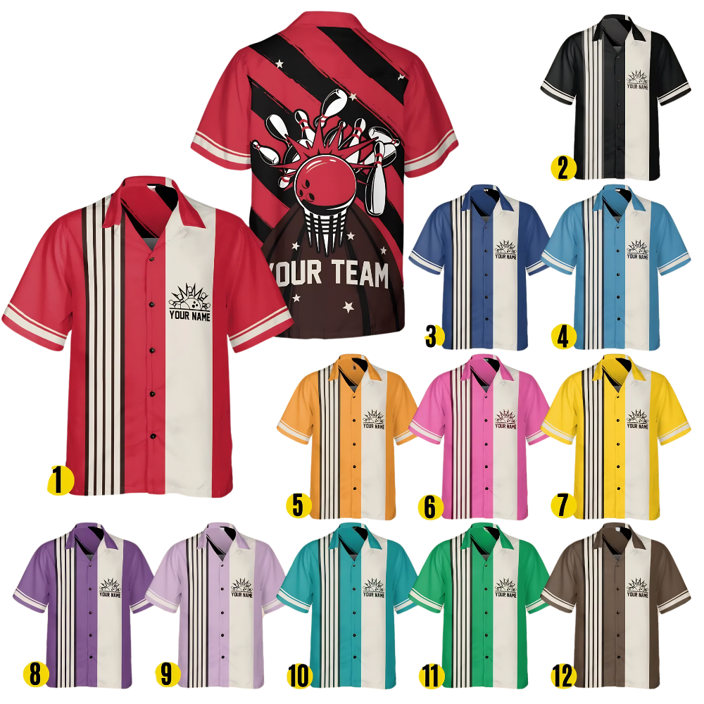 Custom Red Retro Bowling Hawaiian Shirt Men, Custom Retro Bowling Shirt Team BE0231