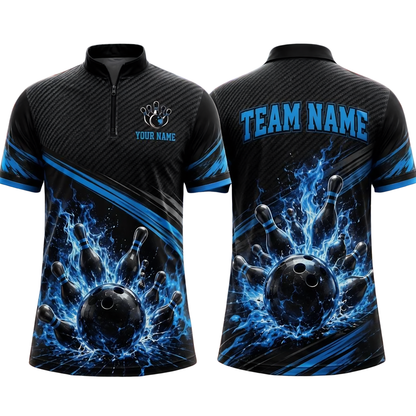 Custom Flame Men's Blue Lighting Bowling Jersey, Custom Flame Bowling Shirt For Team BE0257