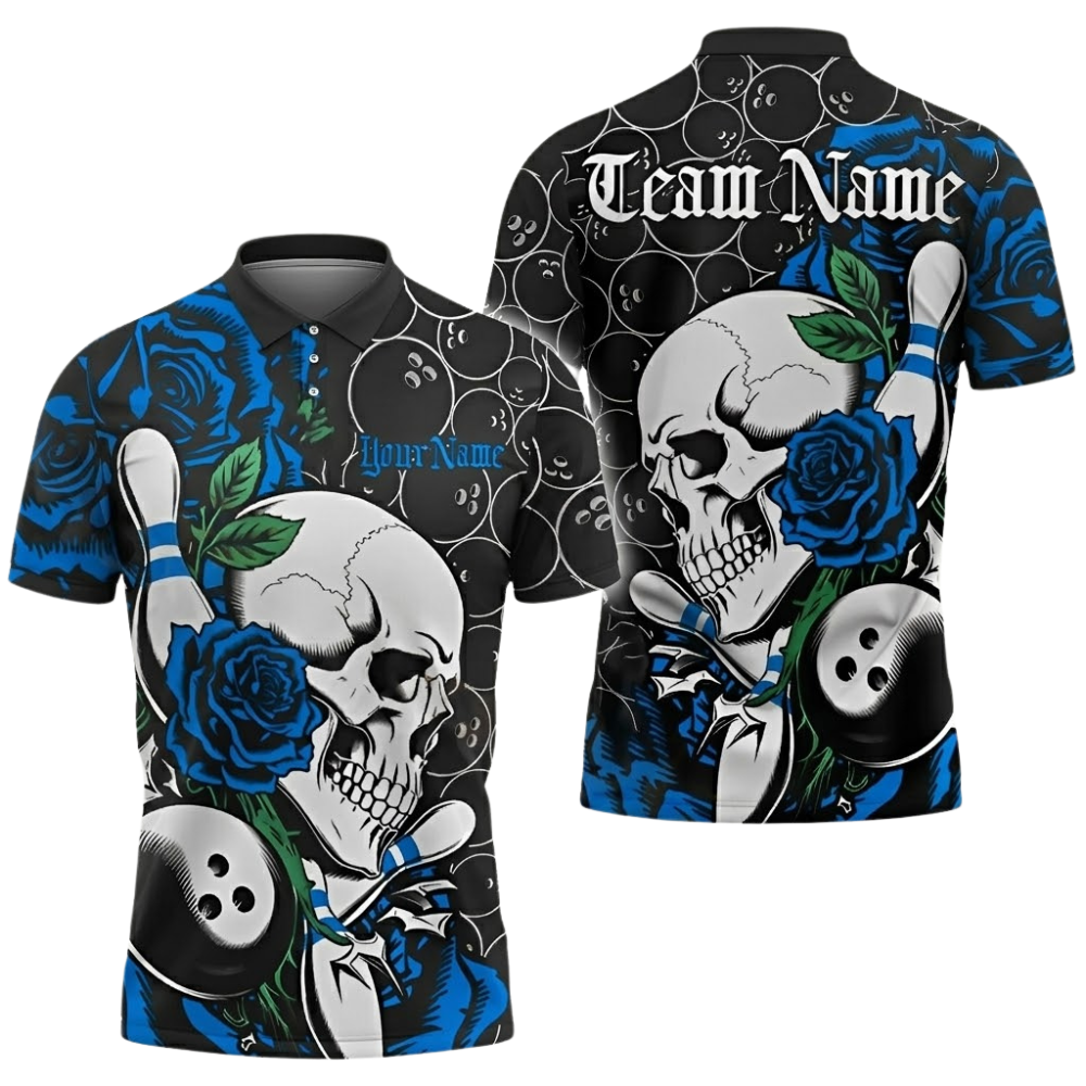Red Rose And Skeleton Custom Bowling Men Polo Shirt, Custom Skull Bowling Shirts Team BZ0684