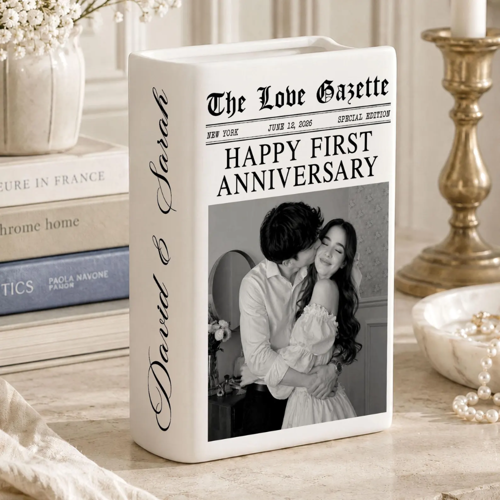 Happy First Anniversary Custom Photo Magazine Ceramic Book Vase For Couple, Custom 1st Wedding Anniversary Book Vase WD0637