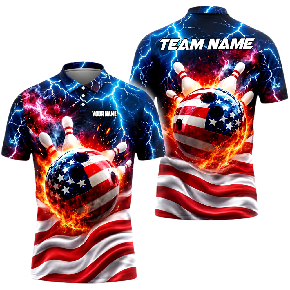 Custom Amrican Flag Ball Fire Bowling Polo Shirt For Men, Custom Patriotic Bowling Team Shirt BZ0997
