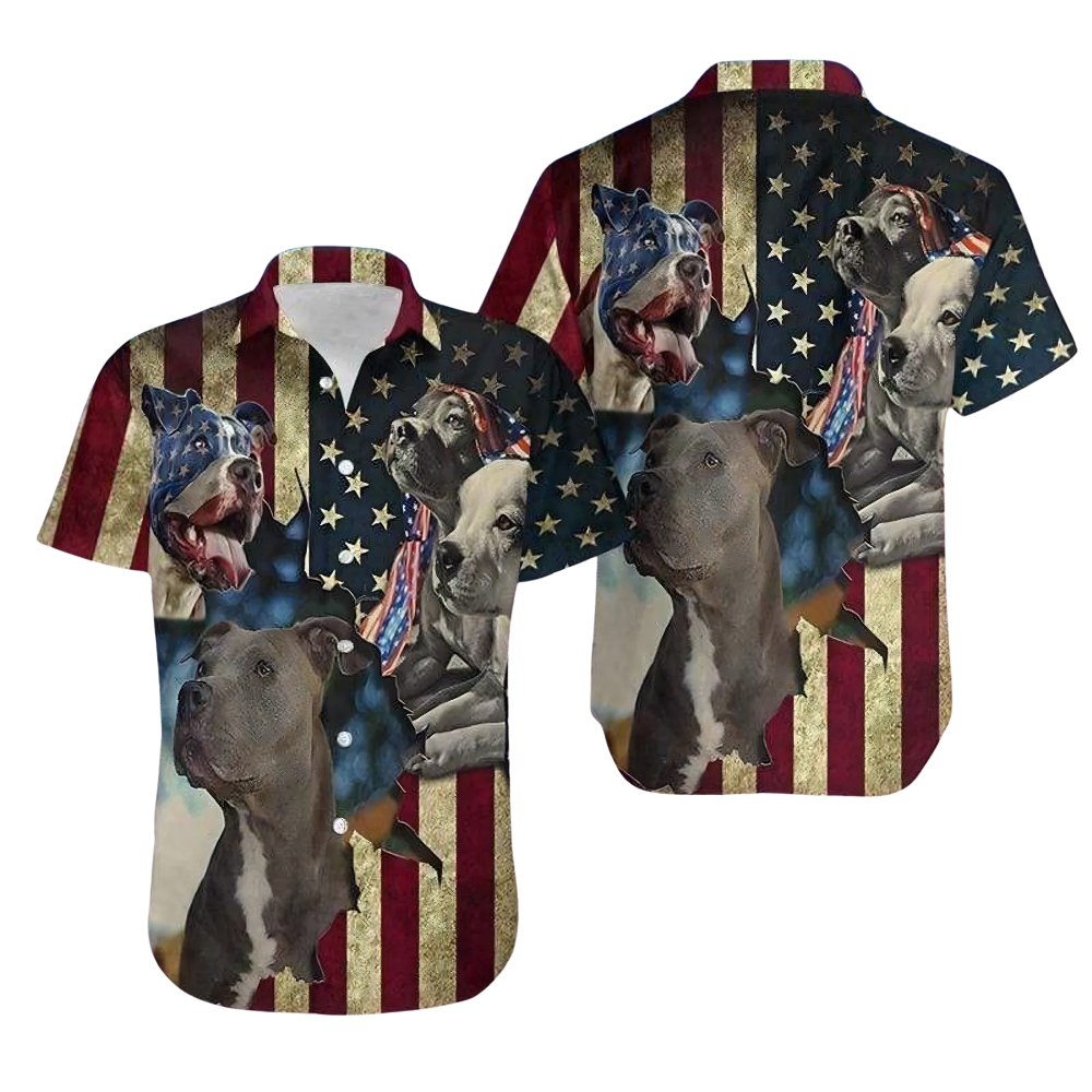 Pitbull Vintage USA Flag Hawaiian Shirt, Pitbull Patriotic Hawaiian Shirts HE0774