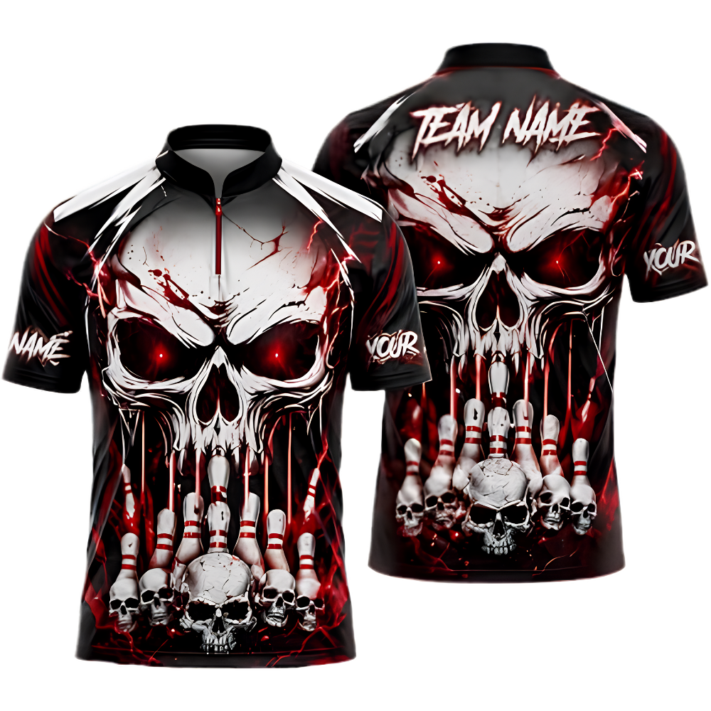 Custom Skull Red Bowling Jersey For Men, Custom Skull Bowling Team Shirts BZ0974