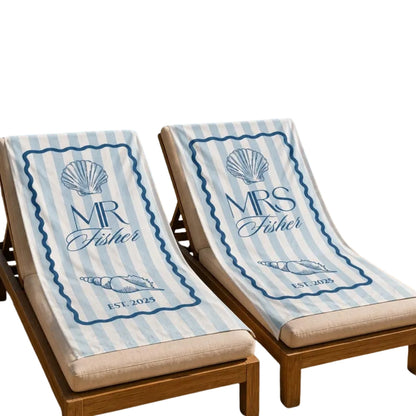 Personalized Mr and Mrs Fisher Beach Towel, Custom Newlyweds Honeymoon Wedding Beach Towel For Couple WD0247