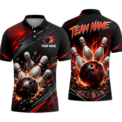 Custom Red Flaming Ball Bowling Polo Shirt For Men, Custom Flame Bowling Team Shirts BZ0916