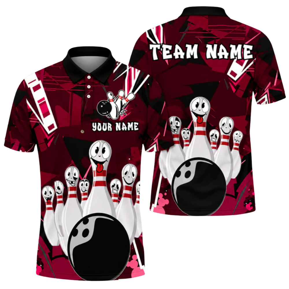 Funny Pins Custom Mens Bowling Polo Shirt Purple, Custom Fun Bowling Team Shirts BZ0476