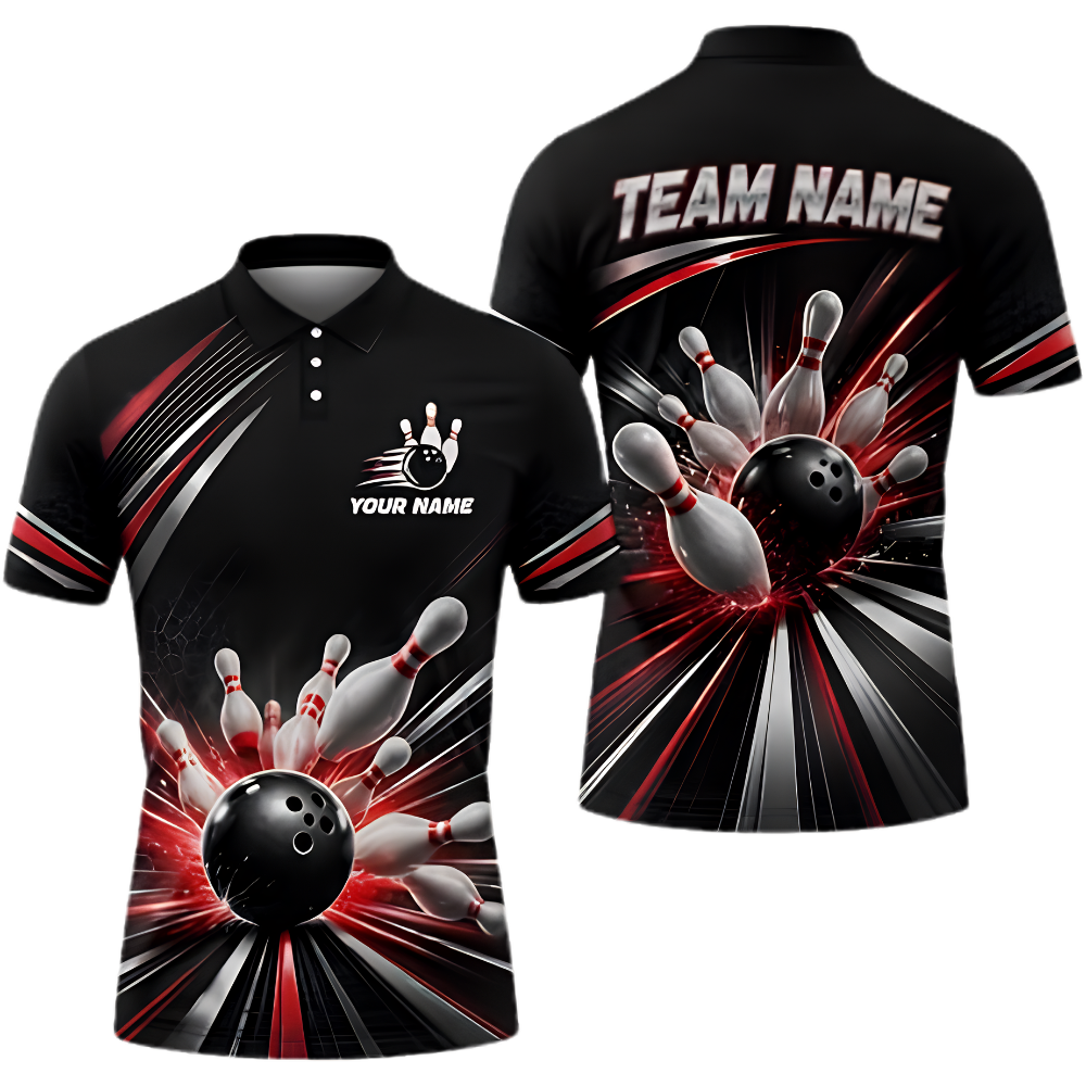 Custom Men's Team Red Black Bowling Polo Shirt, Custom Bowling Shirt BZ1010