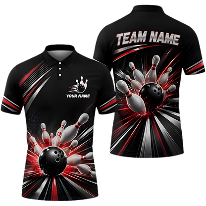 Custom Men's Team Red Black Bowling Polo Shirt, Custom Bowling Shirt BZ1010