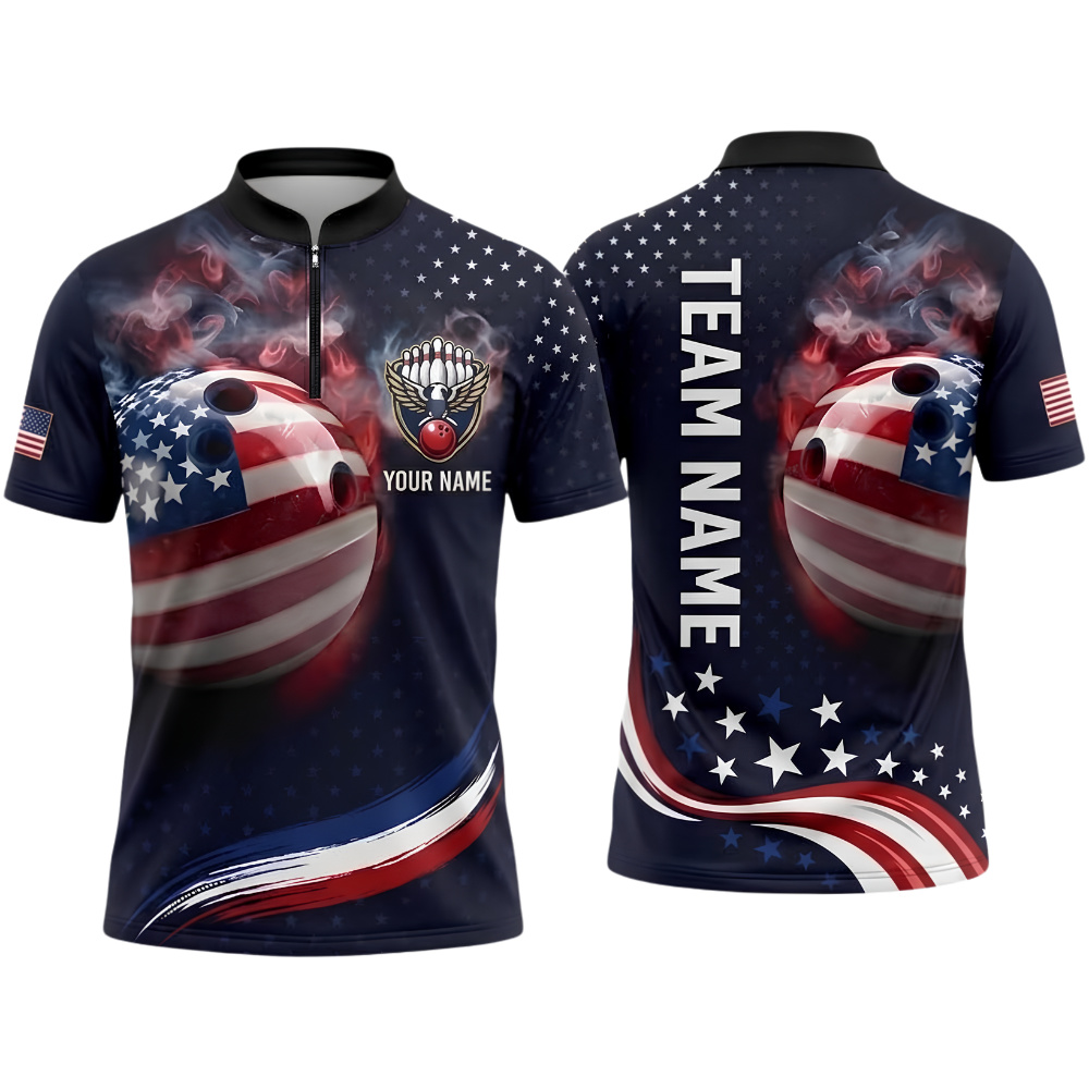 Custom Ball American Flag Smoke Men's Bowling Polo Shirt, Custom Patriotic Bowling Shirt Team BZ0955