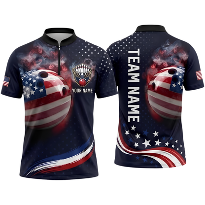 Custom Ball American Flag Smoke Men's Bowling Polo Shirt, Custom Patriotic Bowling Shirt Team BZ0955