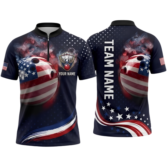 Custom Ball American Flag Smoke Men's Bowling Polo Shirt, Custom Patriotic Bowling Shirt Team BZ0955