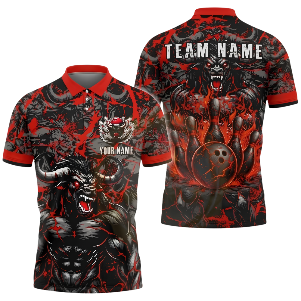 Minotaur Bull Custom Bowling Mens Polo Shirt Red Black, Custom Bull Bowling Team Shirt BZ0991