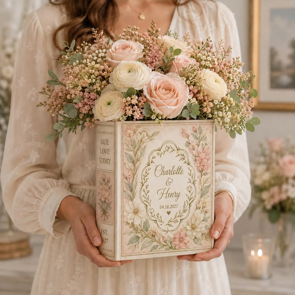Custom Wedding Anniversary Engagement Bridal Shower Flower Ceramic Book Vase, Custom Wedding Floral Book Vase WD0619