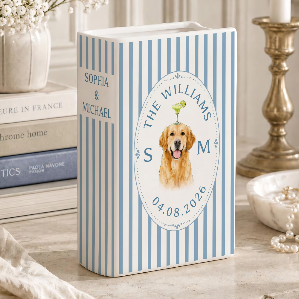 Custom Dog Photo Wedding Striped Ceramic Book Vase, Custom Wedding Book Vase With Pet Picture WD0626