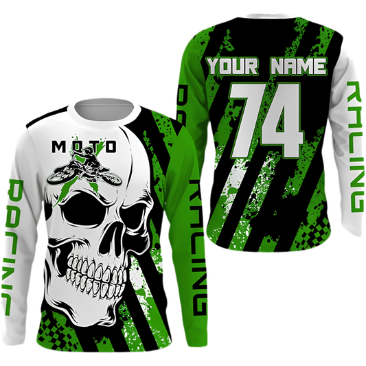 Custom Skull Rider Men's Green Motocross Long Sleeve Jersey, Custom Skull Dirt Bike Shirts MZ0137
