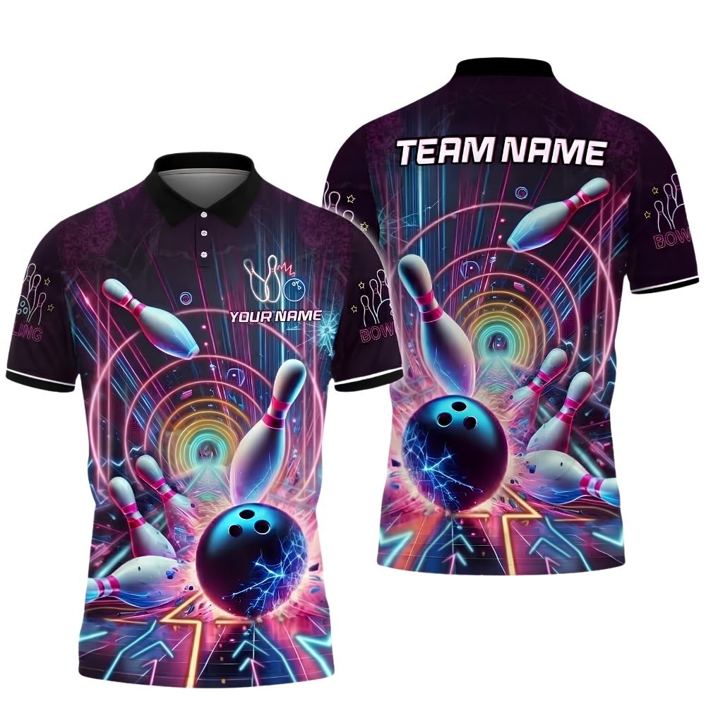 Custom Team Neon Blue Lightning Bowling Polo Shirt For Men, Custom Bowling Team Shirt BZ1015