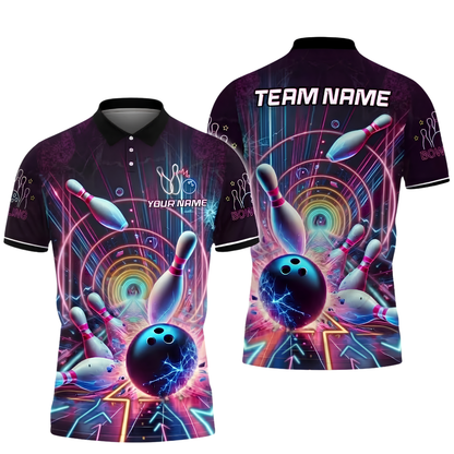 Custom Team Neon Blue Lightning Bowling Polo Shirt For Men, Custom Bowling Team Shirt BZ1015