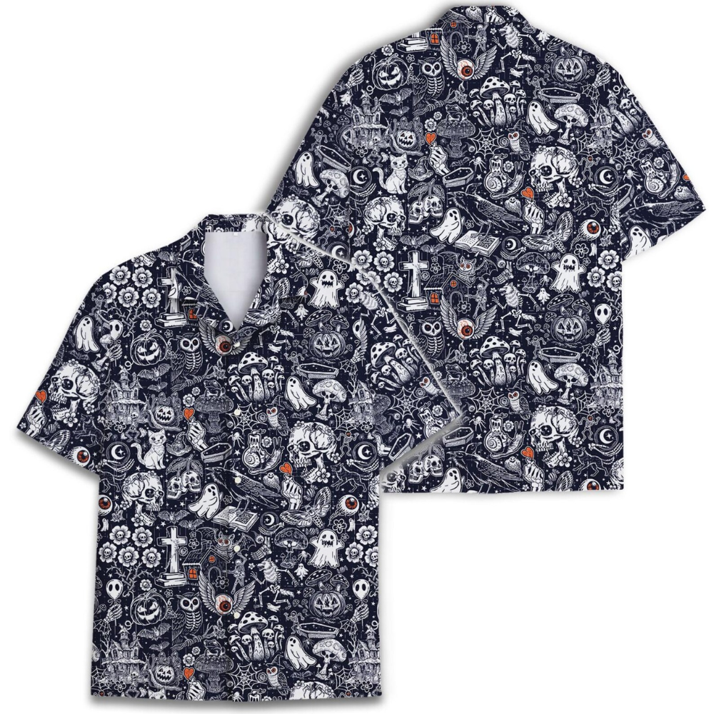 Skeleton Pumpkin Ghost Hawaiian Shirt, Halloween Skull Hawaiian Shirt HE0729