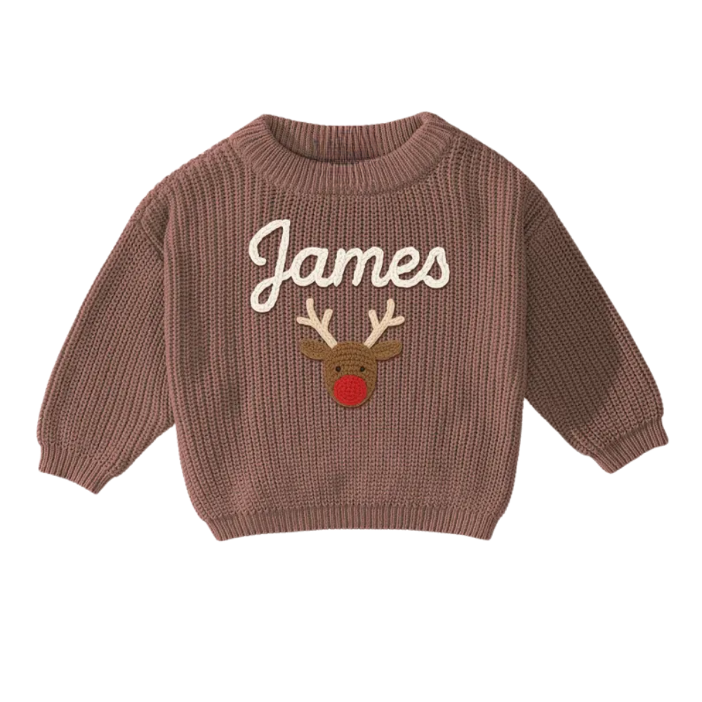 Custom Name Christmas Reindeer Embroider Knit Baby Sweater, Custom Christmas Baby Knit Sweatshirt BB0123