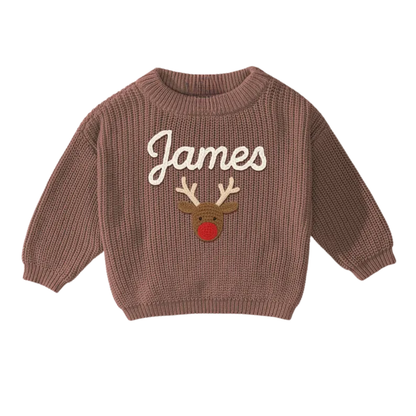 Custom Name Christmas Reindeer Embroider Knit Baby Sweater, Custom Christmas Baby Knit Sweatshirt BB0123