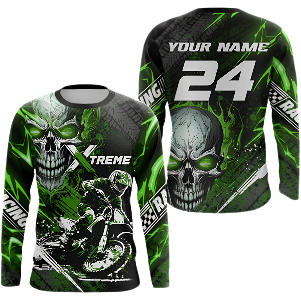 Custom Skull Rider Men's Green Black Dirt Bike Long Sleeve Racing Jersey, Custom Skull Dirt Bike Shirts MZ0140