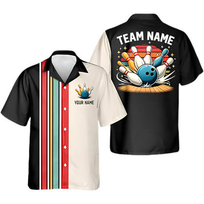 Custom Retro Black Bowling Hawaiian Shirt For Men, Custom Retro Bowling Shirt Team BZ0999