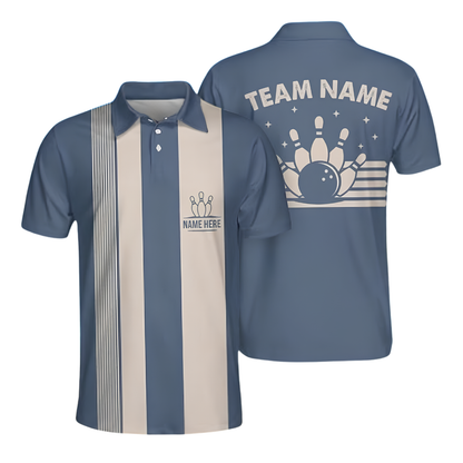 Custom Vintage Blue Beige Bowling Polo Shirt For Men, Custom Vintage Bowling Team Shirts BZ0907