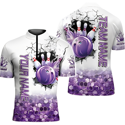 Purple And White Custom Team Bowling Jersey For Men, Custom Bowling Shirt BZ0847