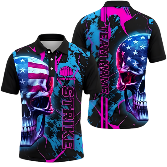 Custom Skull USA Flag Bowling Polo Shirt Men, Custom Skull Bowling Team Shirt BZ0874