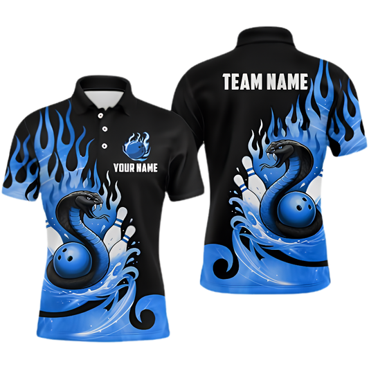 Custom Snake Blue Flame Bowling Polo Shirt For Men, Custom Snake Team Bowling Shirt BZ0898