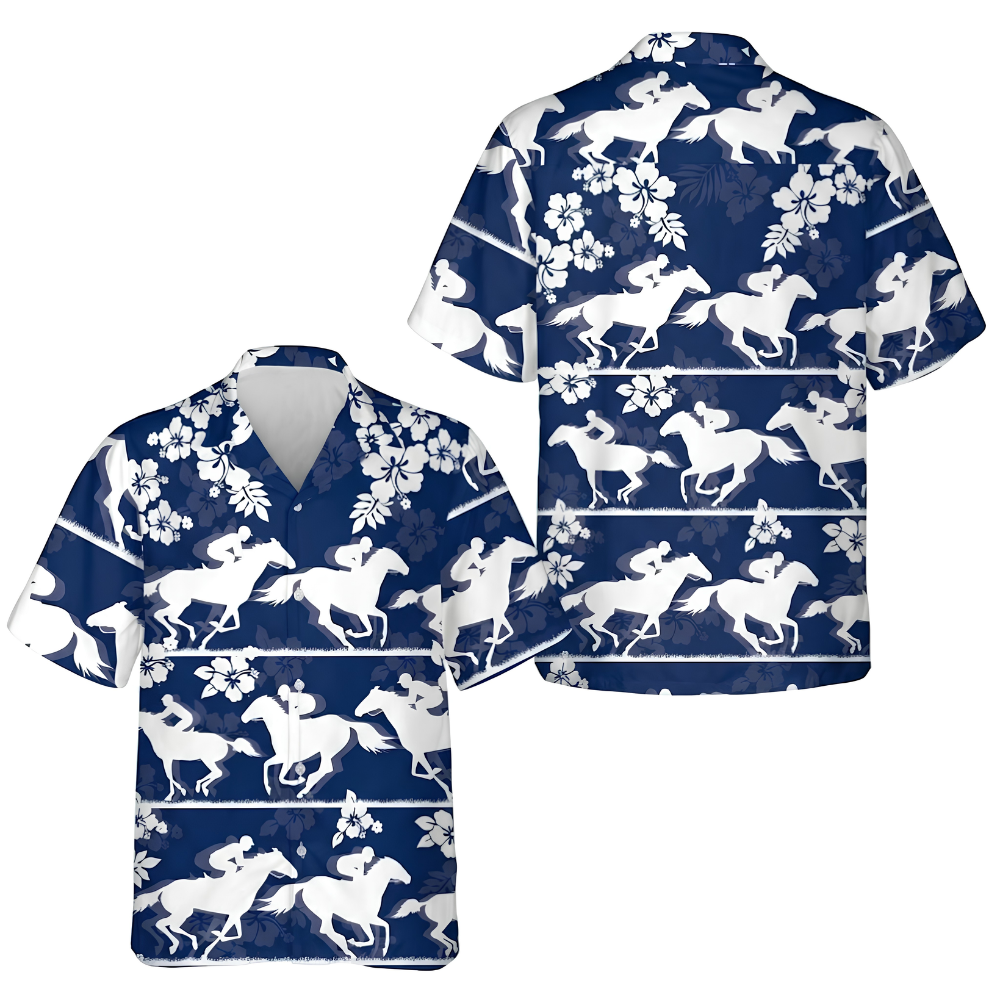 Horse Racing Tropical Mens Hawaiian Shirt Blue White, Horse Racing Hawaiian Shirt HE0770