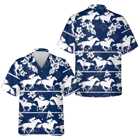 Horse Racing Tropical Mens Hawaiian Shirt Blue White, Horse Racing Hawaiian Shirt HE0770