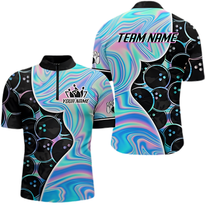 Custom Team Hologram Bowling Jersey For Men, Custom Bowling Shirt Black Cyan BZ0889