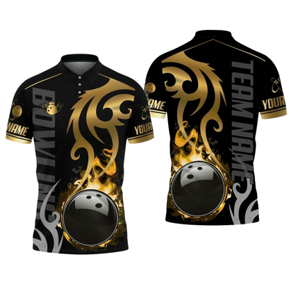 Custom Flame Gold Bowling Polo Shirt For Men, Custom Flame Bowling Team Shirt BZ0905