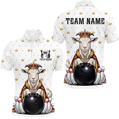 Custom Goat King Men's White Bowling Polo Shirt, Custom Goat Bowling Team Shirt BZ1007