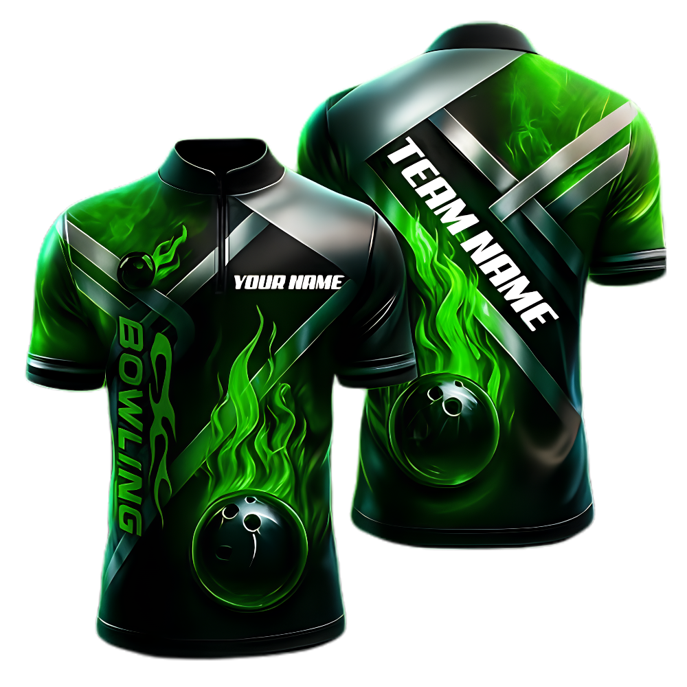 Custom Green Flame Bowling Jersey For Men, Custom Flame Bowling Team Shirt BZ0964