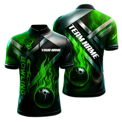 Custom Green Flame Bowling Jersey For Men, Custom Flame Bowling Team Shirt BZ0964