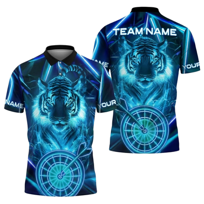 Custom Tiger Neon Blue Dart Mens Polo Shirt, Custom Tiger Dart Team Shirts DZ0135