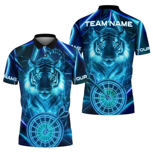 Custom Tiger Neon Blue Dart Mens Polo Shirt, Custom Tiger Dart Team Shirts DZ0135