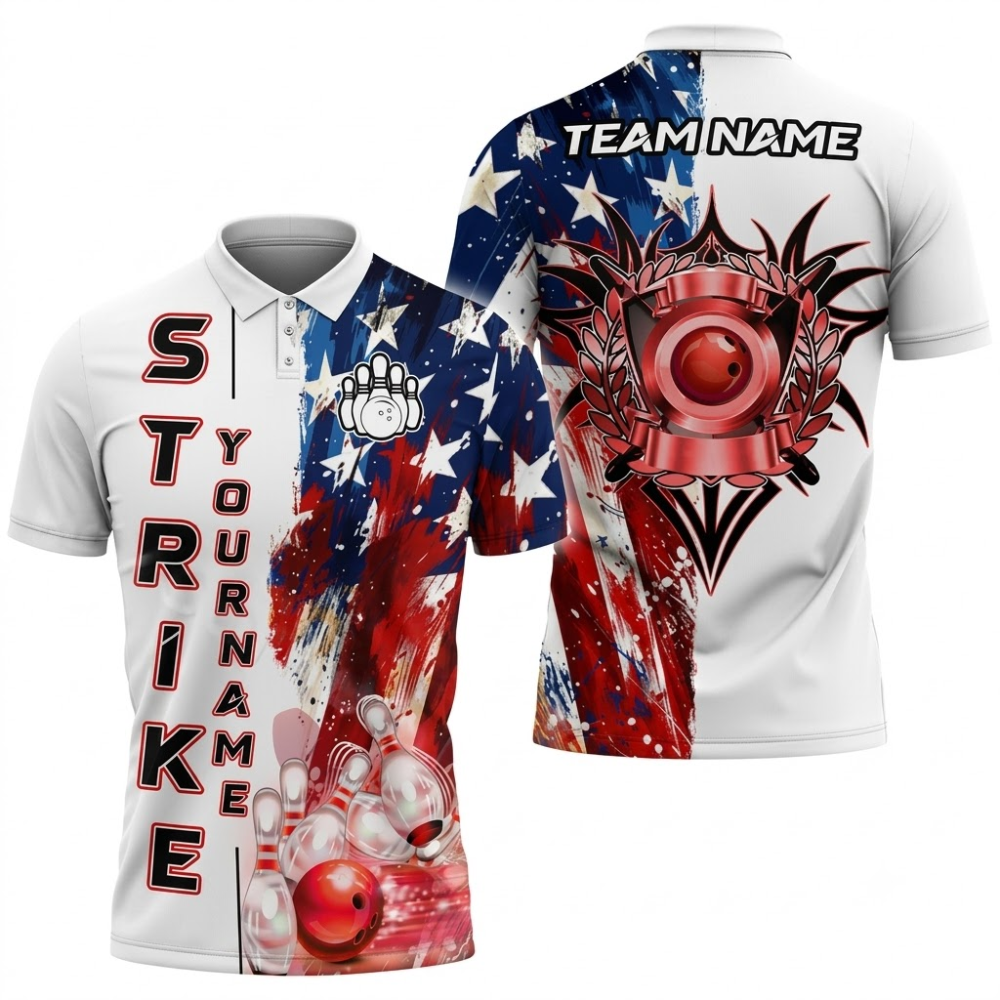 American Flag Custom White Red Blue Mens Bowling Polo Shirt, Custom Patriot Bowling Shirt For Team BZ0841