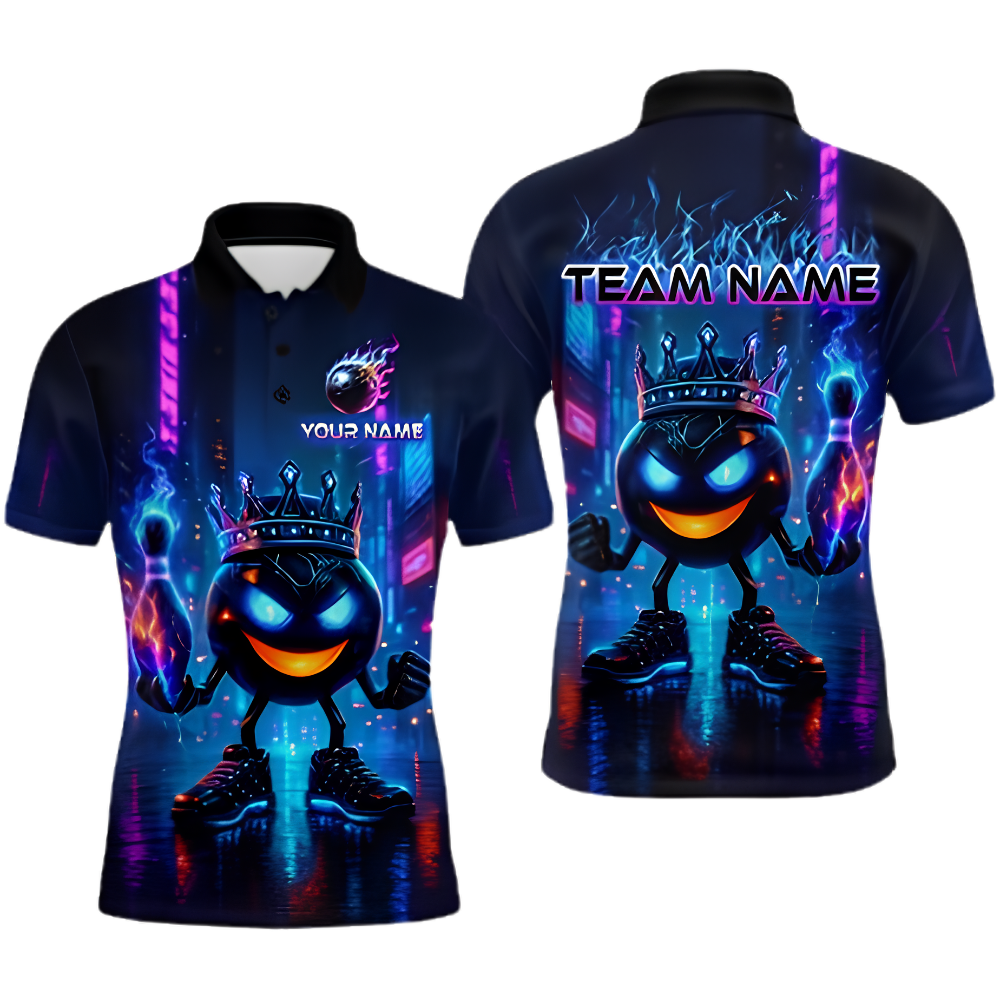 Neon Flame King Ball Custom Mens Bowling Polo Shirt, Custom Flame Bowling Shirts For Team BZ0881