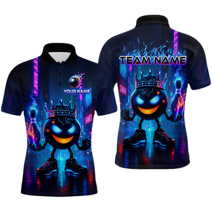 Neon Flame King Ball Custom Mens Bowling Polo Shirt, Custom Flame Bowling Shirts For Team BZ0881