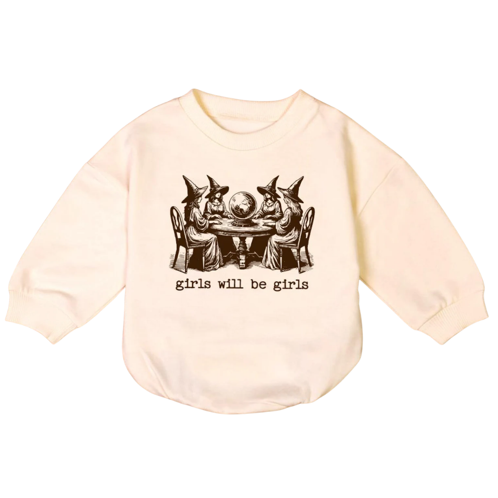 Girls Will Be Girls Witch Baby Romper Sweatshirt, Halloween Baby Romper Sweatshirt BB0012