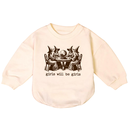 Girls Will Be Girls Witch Baby Romper Sweatshirt, Halloween Baby Romper Sweatshirt BB0012
