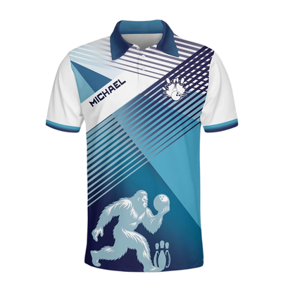Custom Bigfoot Blue And White Bowling Mens Polo Shirt, Custom Team Bigfoot Bowling Shirt BZ0785