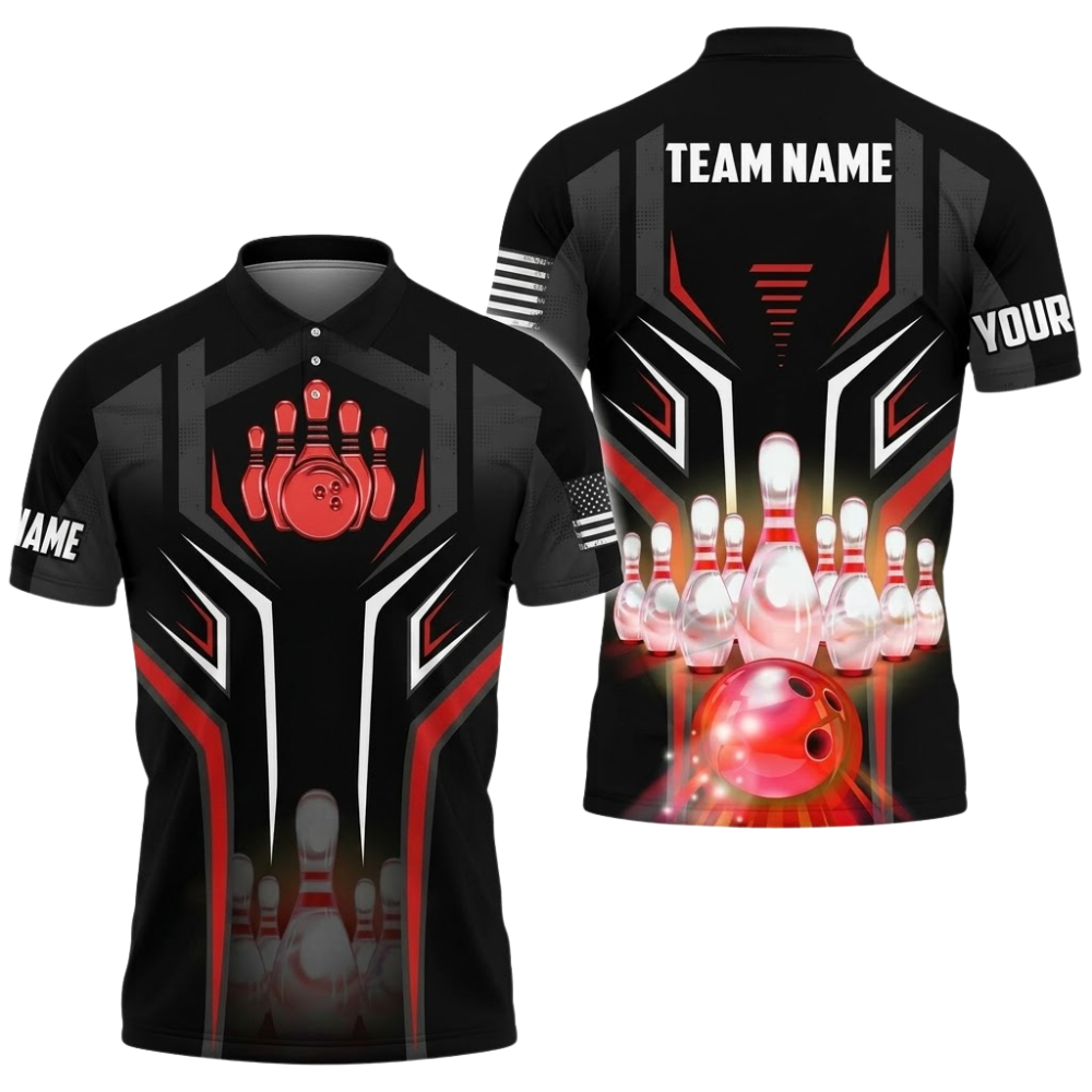 Custom Team Black And Red Bowling Polo Shirt For Men, Custom Bowling Team Shirt BZ0865