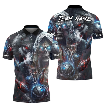 Skull And Wolf Custom Mens Bowling Polo Shirt, Custom Team Skull Bowling Shirt BZ1039