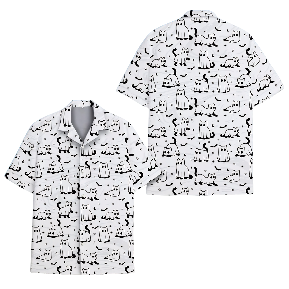 Ghost Cat Funny Hawaiian Shirt White Black, Cat Lover Halloween Hawaiian Shirt HE0813